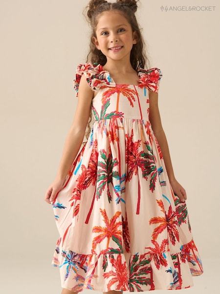 Angel & Rocket White Rae Palm Print Ruffle Strap Dress (V46996) | £32 - £39