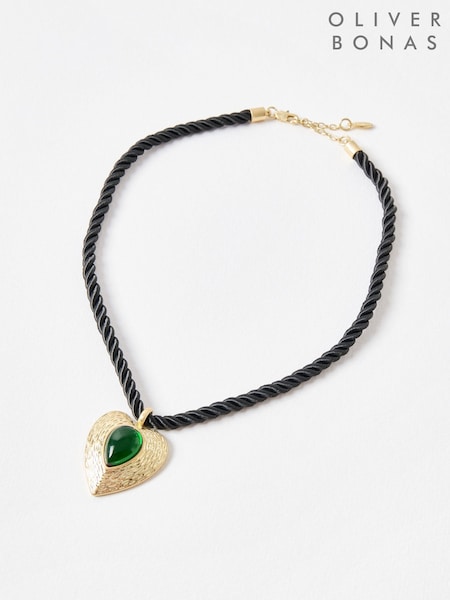 Oliver Bonas Black Calli Green Stone Textured Heart Pendant Cord Necklace (V47358) | £26