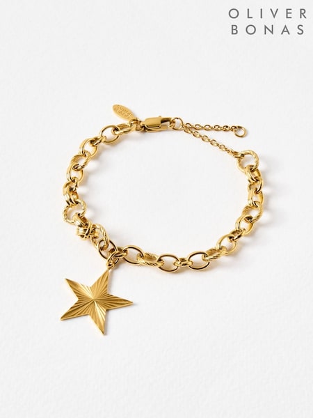 Oliver Bonas Gold Tone Taylor Stainless Steel Waterproof Star Charm Chain Bracelet (V47368) | £29.50