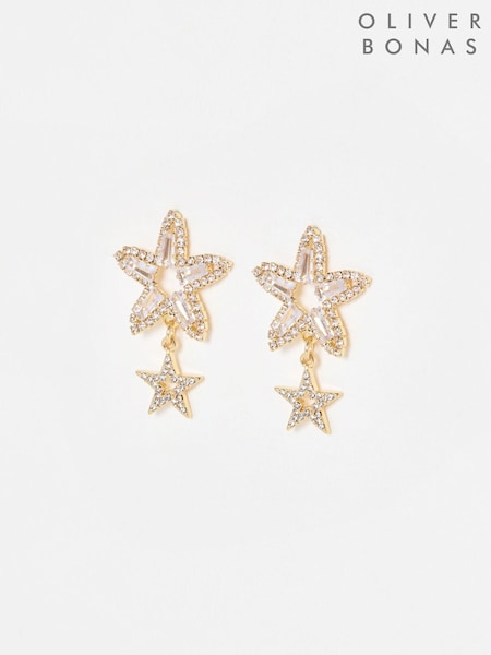 Oliver Bonas Gold Tone Blaise Stone Double Star Drop Earrings (V47373) | £18