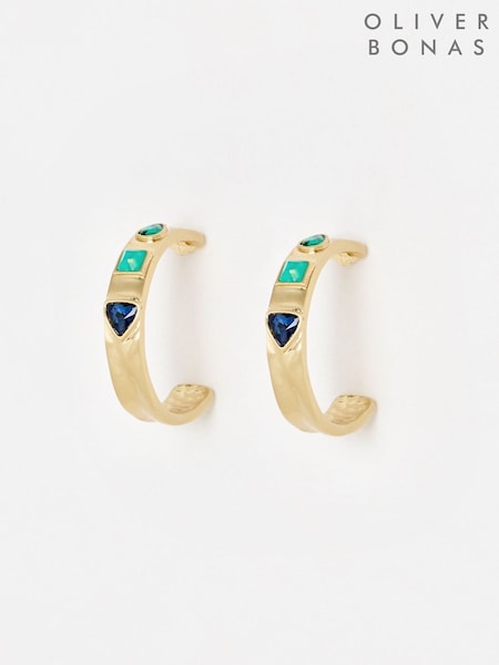 Oliver Bonas Green Palmer Blue Stone Gold Toned Hoop Earrings (V47380) | £19.50