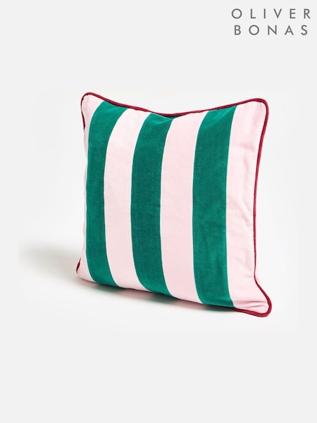 Oliver Bonas Pink & Green Striped Velvet Cushion Cover 45x45cm (V47665) | £30