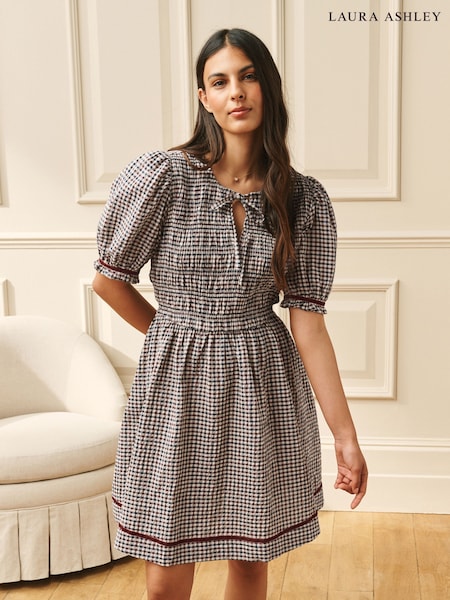 Burgundy Red - Laura Ashley Cranhill Check Shirred Mini Dress