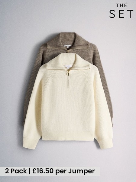 Creme Mink Marl/Brown - The Set 2 Pack Quarter Zip Jumpers With Wool