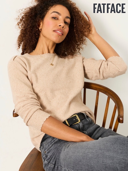 Natural - Fatface Knitted Sparkle Frill Cuff Jumper