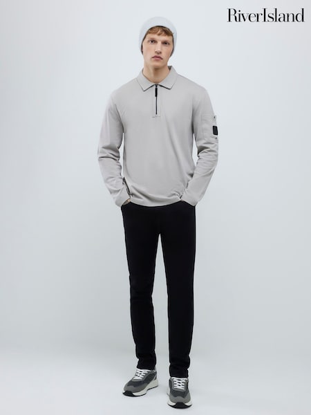River Island Grey Slim Fit Zip Pocket Detail Polo Shirt (V48519) | £36
