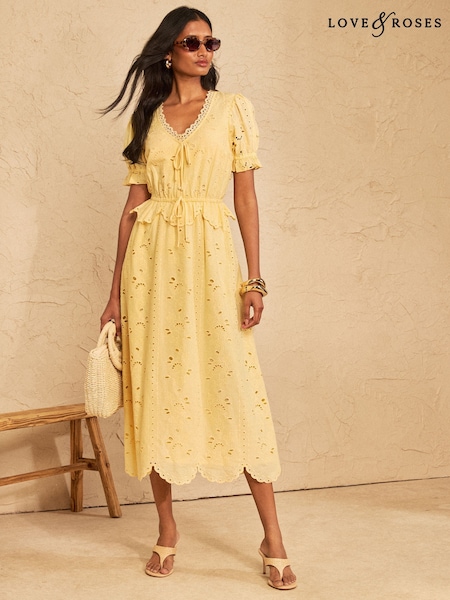 ladies yellow dresses uk Women's Elegant Pleated Dresses Classic Hollow Out Collar Flare Sleeves