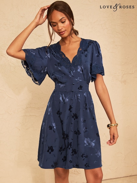 Navy - Love & Roses Lace Satin Mini Tea Dress