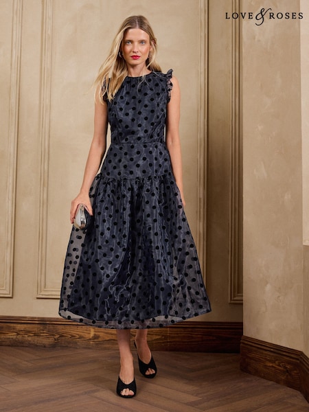 Navy - Love & Roses Spot Organza Drop Waist Midi Dress