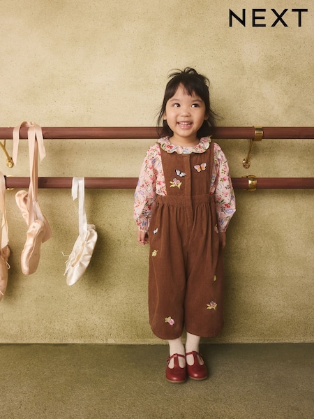 Brown Butterfly Embroidered - Cord Dungaree And Blouse Set (3mths-7yrs)