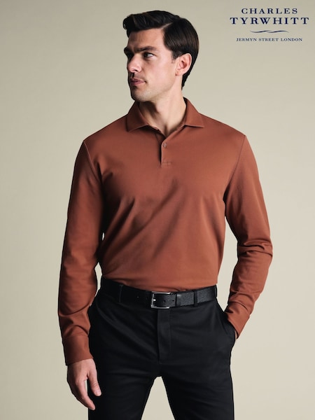 Charles Tyrwhitt Brown Long Sleeve Cotton Stretch Smart Pique Polo Shirt (V49082) | £65