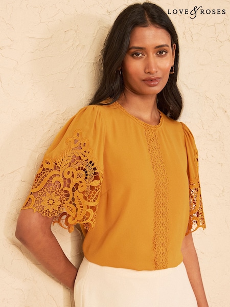 Yellow - Love & Roses Crew Neck Lace Short Sleeve Blouse