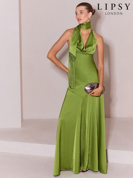 Olive Green - Lipsy Satin Fringe Scarf Cowl Neck Fit And Flare Maxi Dress
