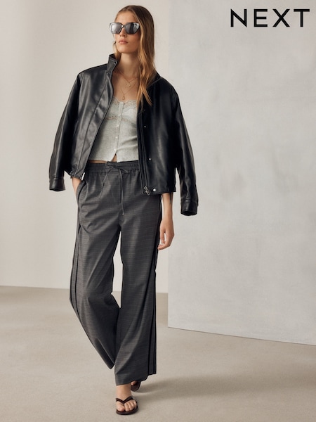 Grey/Black Check - Wide Leg Trousers With Side Stripes