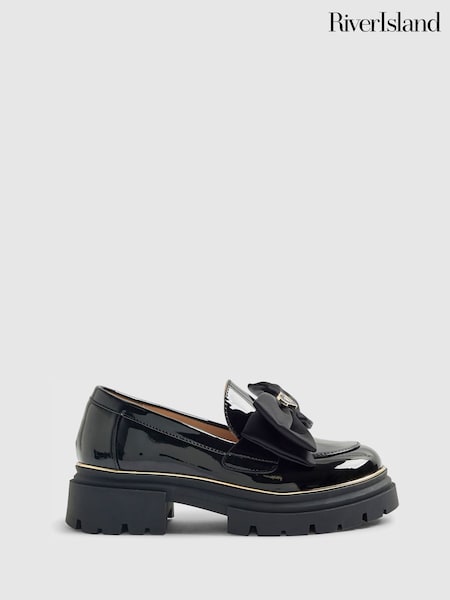 River Island Black Patent Bow Chunky Loafer Shoes (V50125) | £26