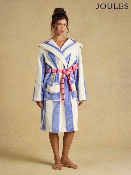 Blue/White Stripe - Joules Luna Hooded Fleece Dressing Gown