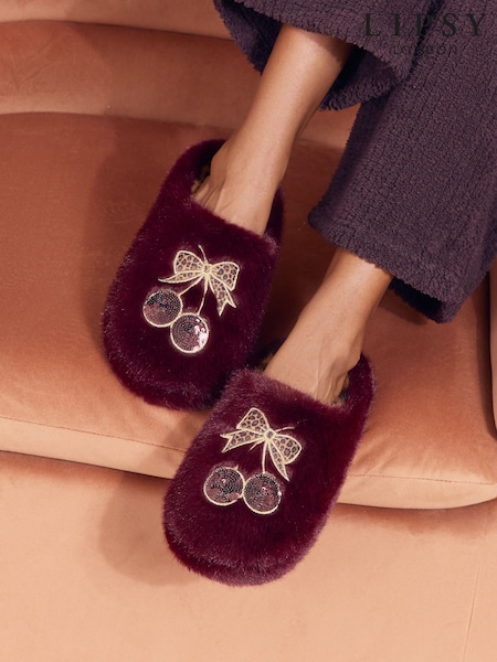Burgundy Red - Lipsy Comfort Cherry Soft Faux Fur Mule Slip On Slippers