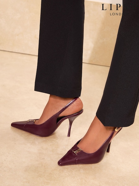 Burgundy Red Faux Leather - Lipsy Hardware Trim Detail Slingback Stiletto High Heel Court Shoe