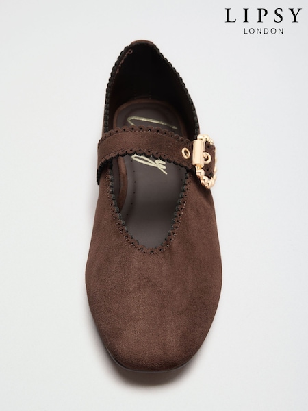 Chocolate Brown - Lipsy Scallop Detail Slim Flat Mary Jane Ballerinas