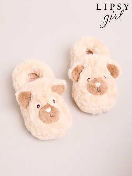 Cream - Lipsy Faux Fur Bear Slip On Slippers Mules