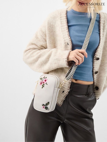 Accessorize Cream Floral Embroidered Phone Bag (V50749) | £25