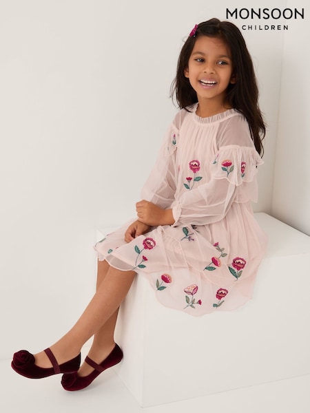 Monsoon Cream Floral Embroidered Scallop Tiered Dress (V50791) | £42 - £47