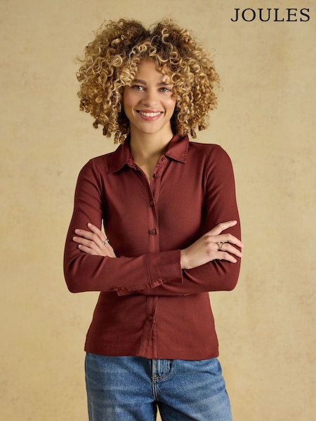 Rust Brown - Joules Cotton Rich Long Sleeve Ribbed Jersey Shirt