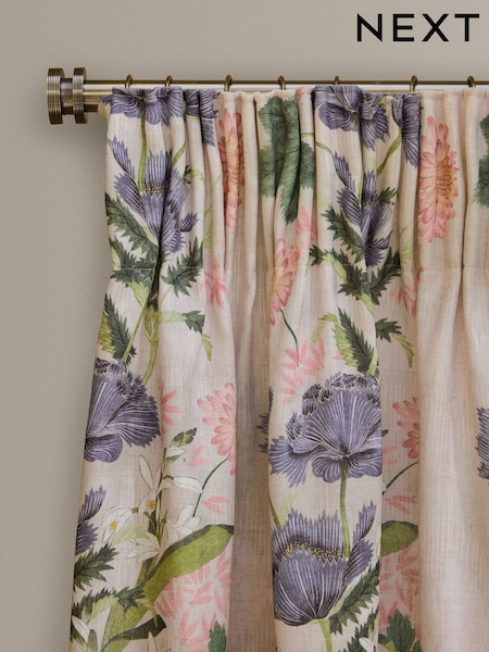 Kew Collection Floral Touch Of Linen Pencil Pleat Lined Curtains