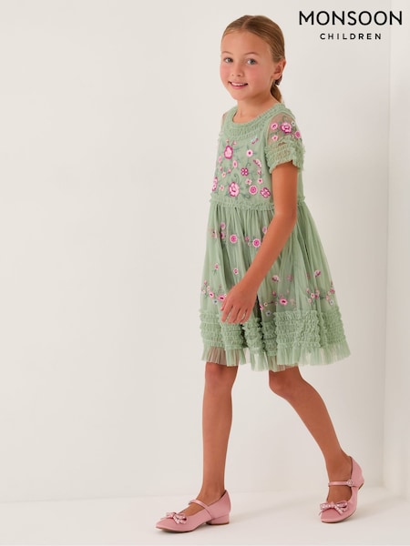 Monsoon Green Floral Embroidered Ruffle Tulle Dress (V50975) | £42 - £47