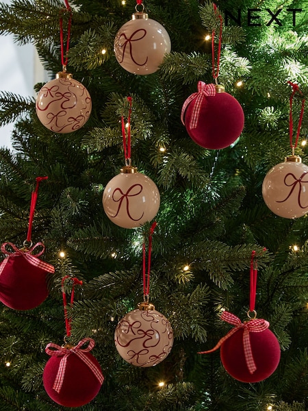Set Of 9 Bow Shatterproof Christmas Baubles