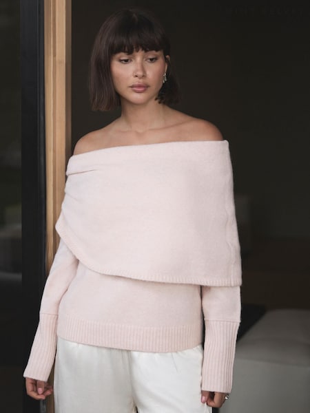 Mint Velvet Pink Cosy Bardot Knit Jumper (V51123) | £99