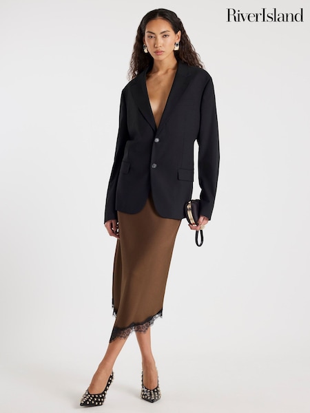 River Island Brown Asymmetric Lace Trim Satin Skirt (V51252) | £39