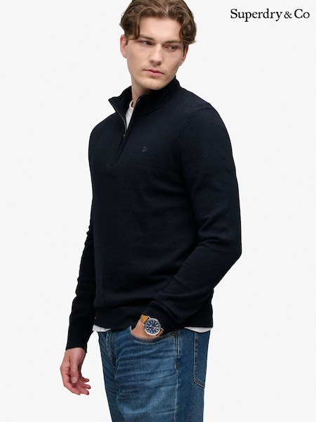 Dark Blue - Regular Superdry Essential Lambswool Blend 1/2 Zip Jumper