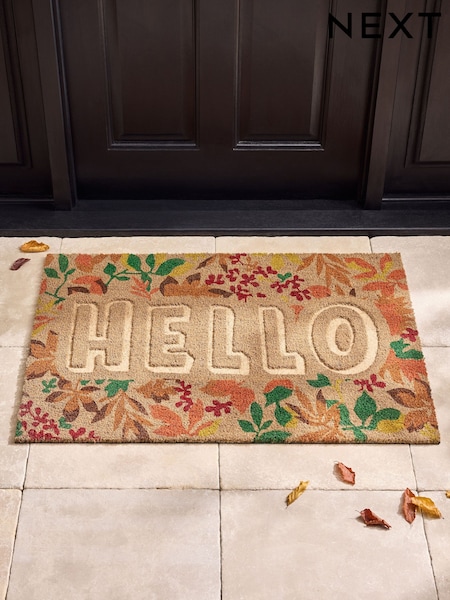 Floral Embossed Hello Coir Doormat