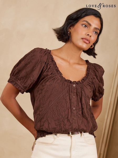 Chocolate Brown - Love & Roses Puff Sleeve Embroidered Button Through Top