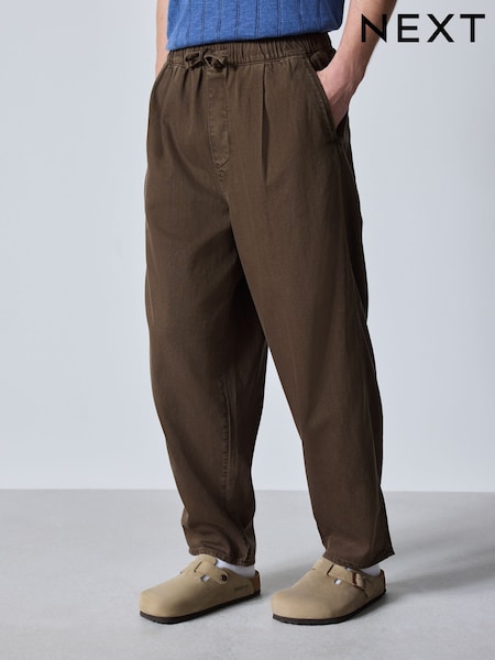 Tan Brown - Barrel Fit Elasticated Joggers With Linen