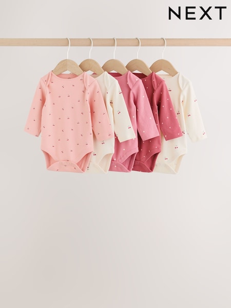 Pink Cherry Print - 5 Pack Long Sleeve Baby Bodysuit