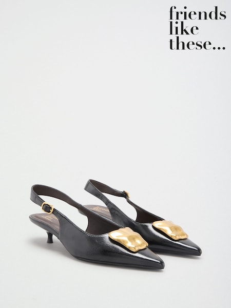Black - Friends Like These Faux Leather Gold Hardware Pointed Toe Slingback Kitten Heel Court Shoes