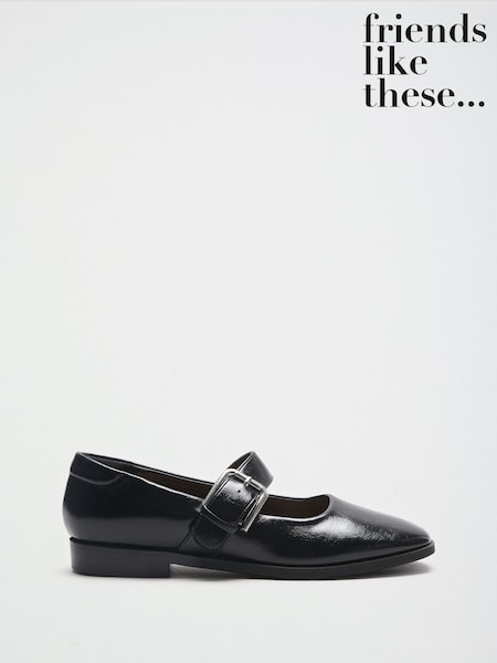 Black - Friends Like These Faux Leather Square Toe Buckle Mary Jane Flat Shoes