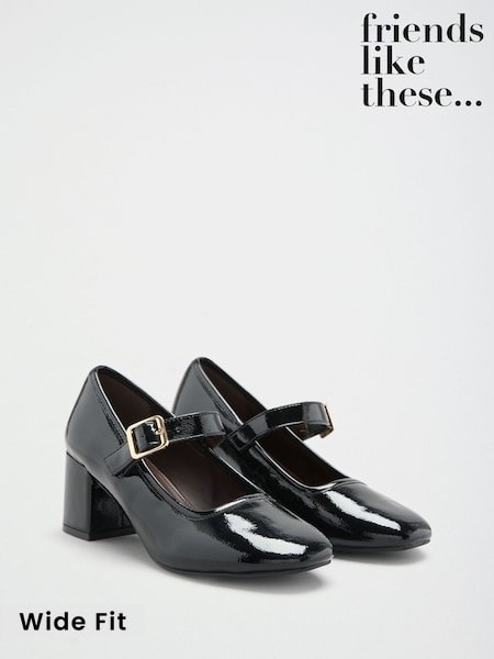 Black Patent - Friends Like These Round Toe Mid Block Heel Mary Jane Court Shoes