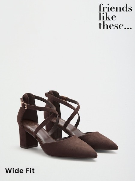 Chocolate Brown - Friends Like These Block Heel Cross Strap Court Shoes