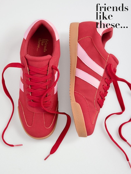 Red/Pink - Friends Like These Faux Suede Lace-up Retro Gumsole Sports Trainers