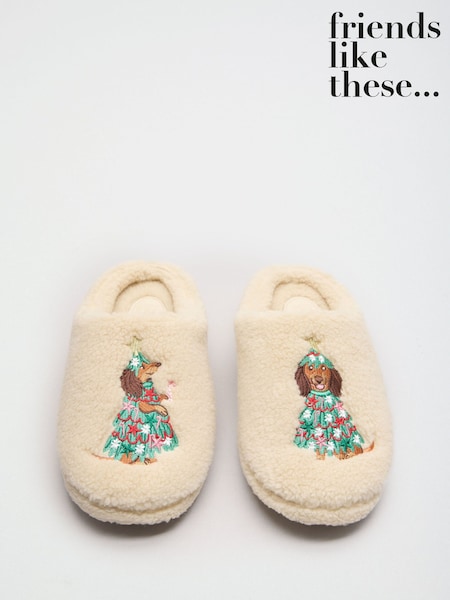 Cream Christmas Dog Motif - Friends Like These Borg Cosy Mule Slippers