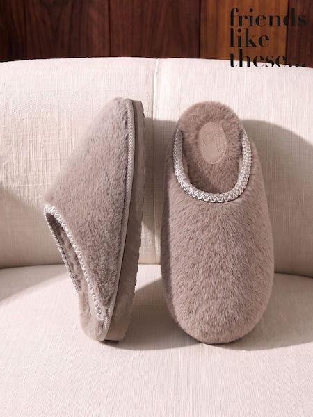 Taupe - Friends Like These Faux Fur Tape Detail Mule Slippers