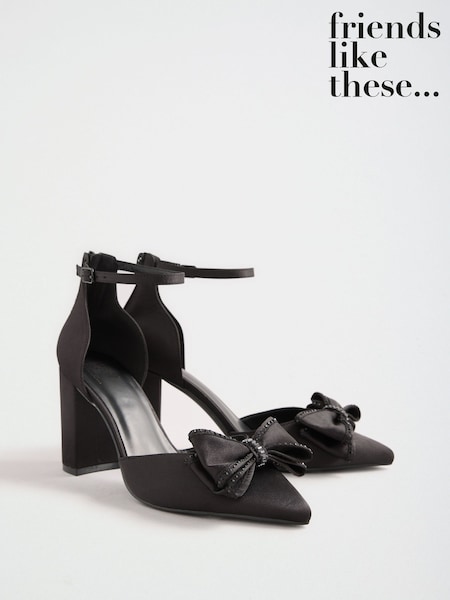 Black - Friends Like These Satin Embellished Bow High Block Heel Court Shoes