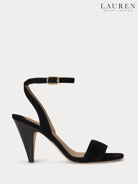 Black - Lauren Ralph Lauren Gracy Suede Single Strap Conical Heel Ankle Strap Sandals