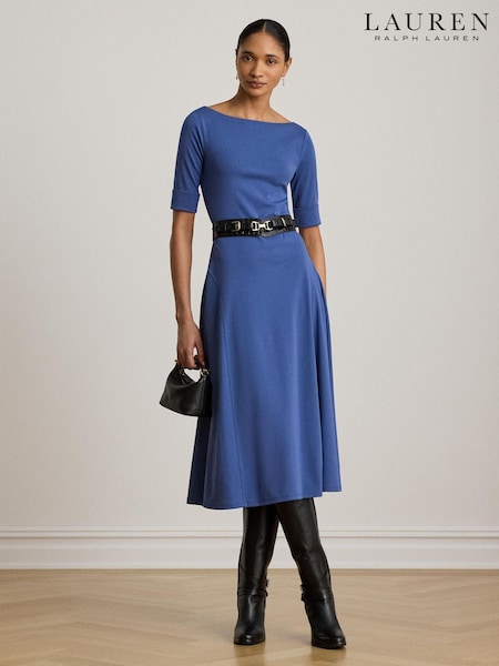 Blue - Lauren Ralph Lauren Munzie Cotton Stretch Jersey Boat Neck Mid Sleeve Dress