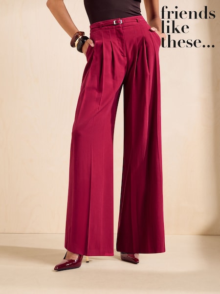 Berry Red - Friends Like These Belted Pleat Wide Leg Trousers
