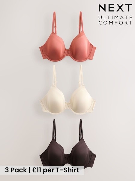 Chocolate Brown/Rust/Cream - A-e Ultimate Comfort Smoothing T-shirt Bras 3 Pack