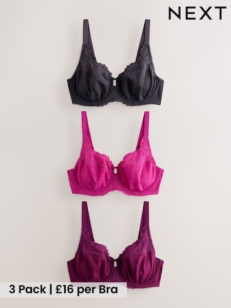 Grey/Purple/Pink - Dd+ Lace Trim Non Padded Full Cup Underwired Bras 3 Pack